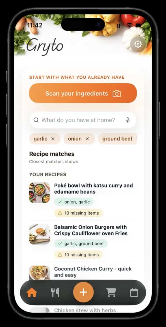 Gryto app preview showing meals you can make